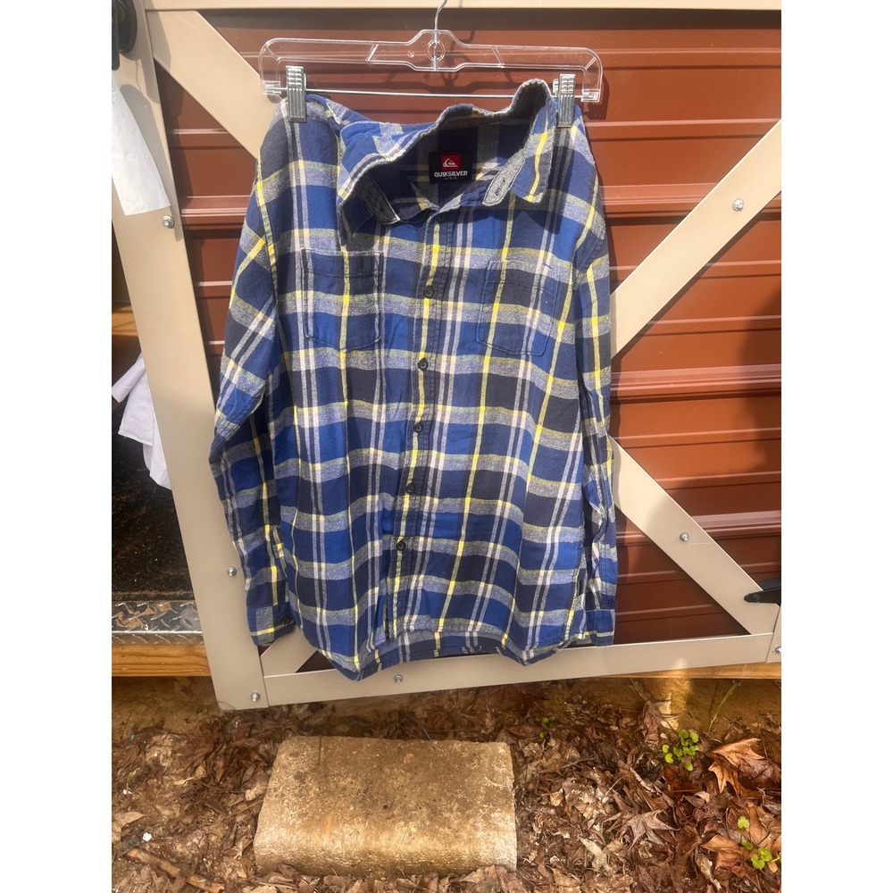 Quiksilver Mens Long Sleeve‎ Plaid Flannel Shirt Blue Yellow Size L